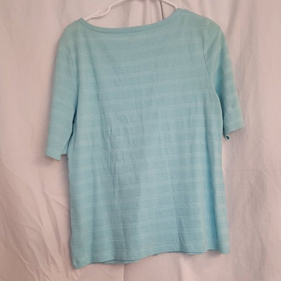 Charter Club Women's Cotton Texture Striped Elbow Sleeve Top Aqua Medium - Picture 5 of 7